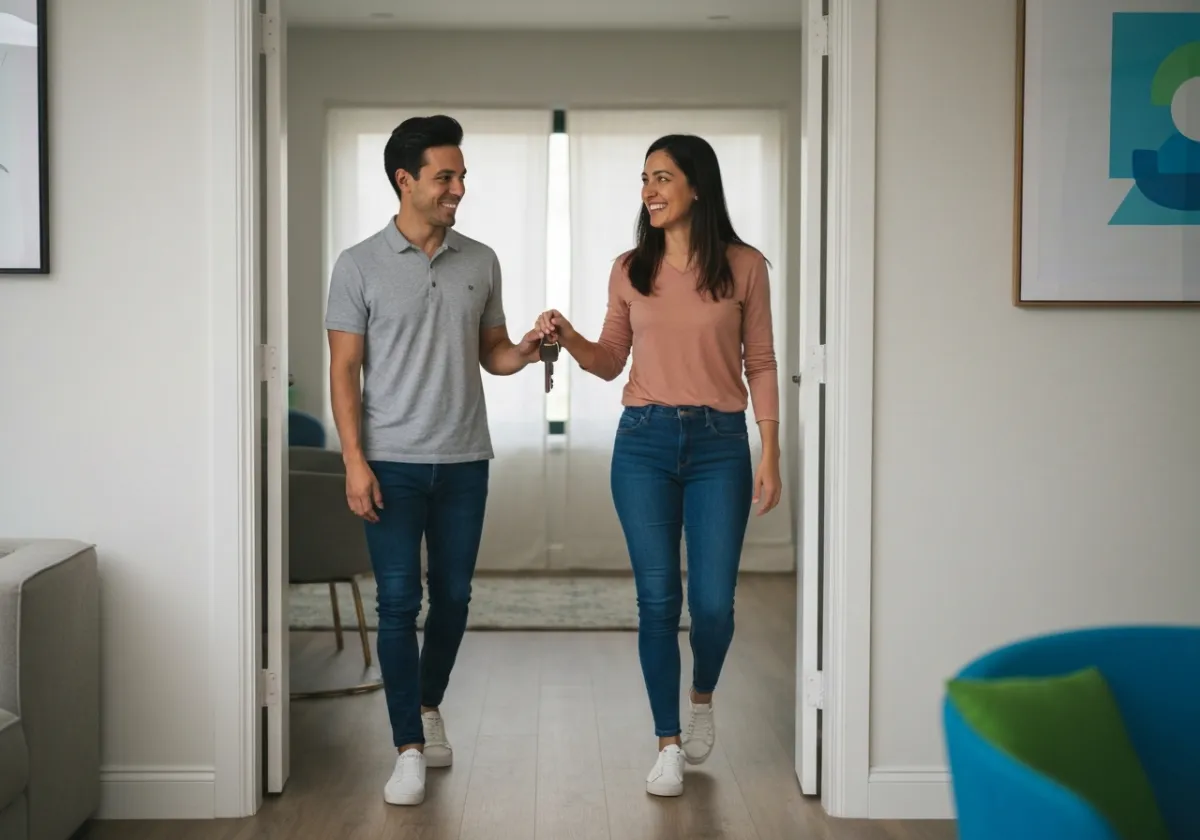 Pareja colombiana feliz comprando su primera vivienda