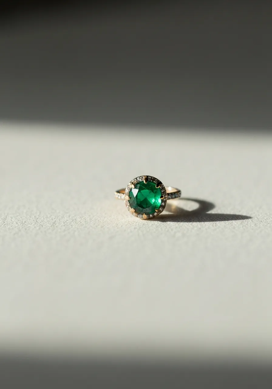 Paño de cuidado para joyería y anillo de esmeralda colombiana con bordes definidos y estética elegante