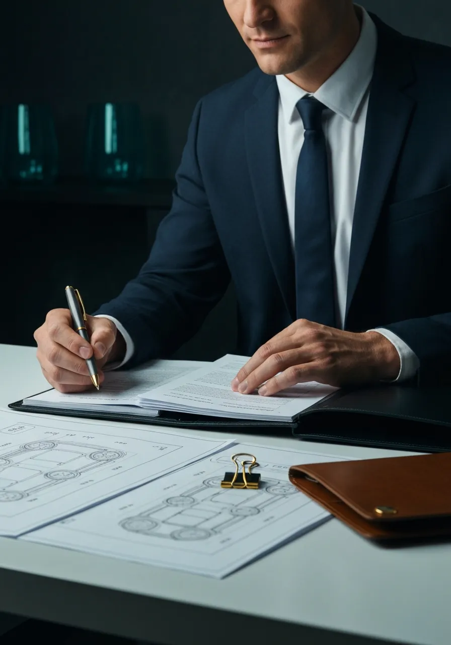 Automotive broker reviewing documents