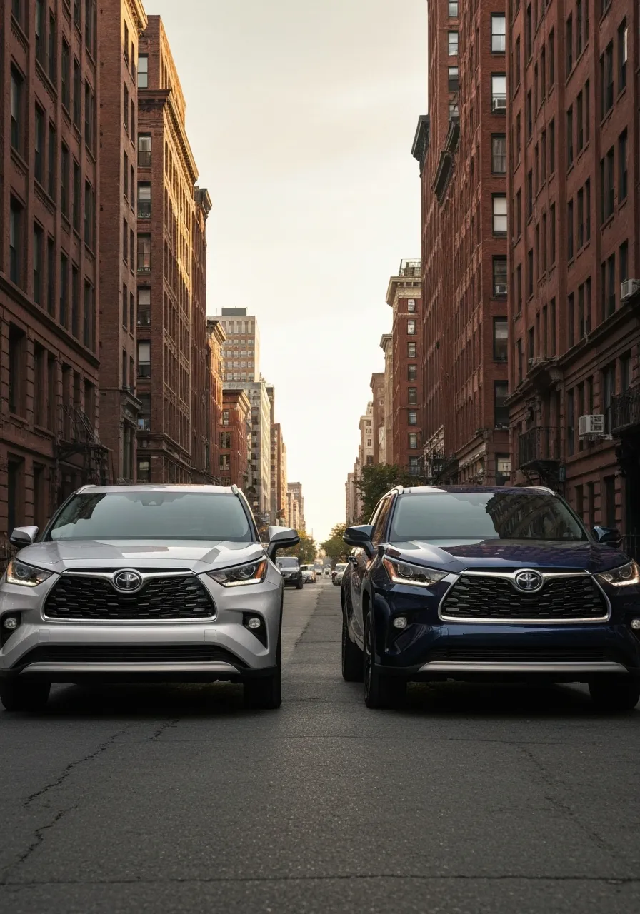 Side-by-side comparison of Toyota Highlander and Grand Highlander parked in a New York City setting