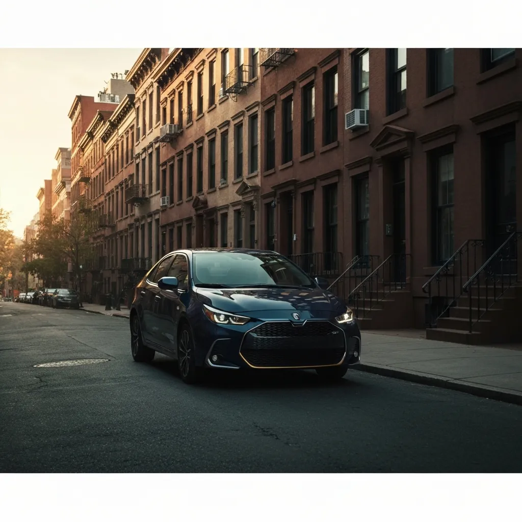 Toyota Corolla navigating a narrow New York City street