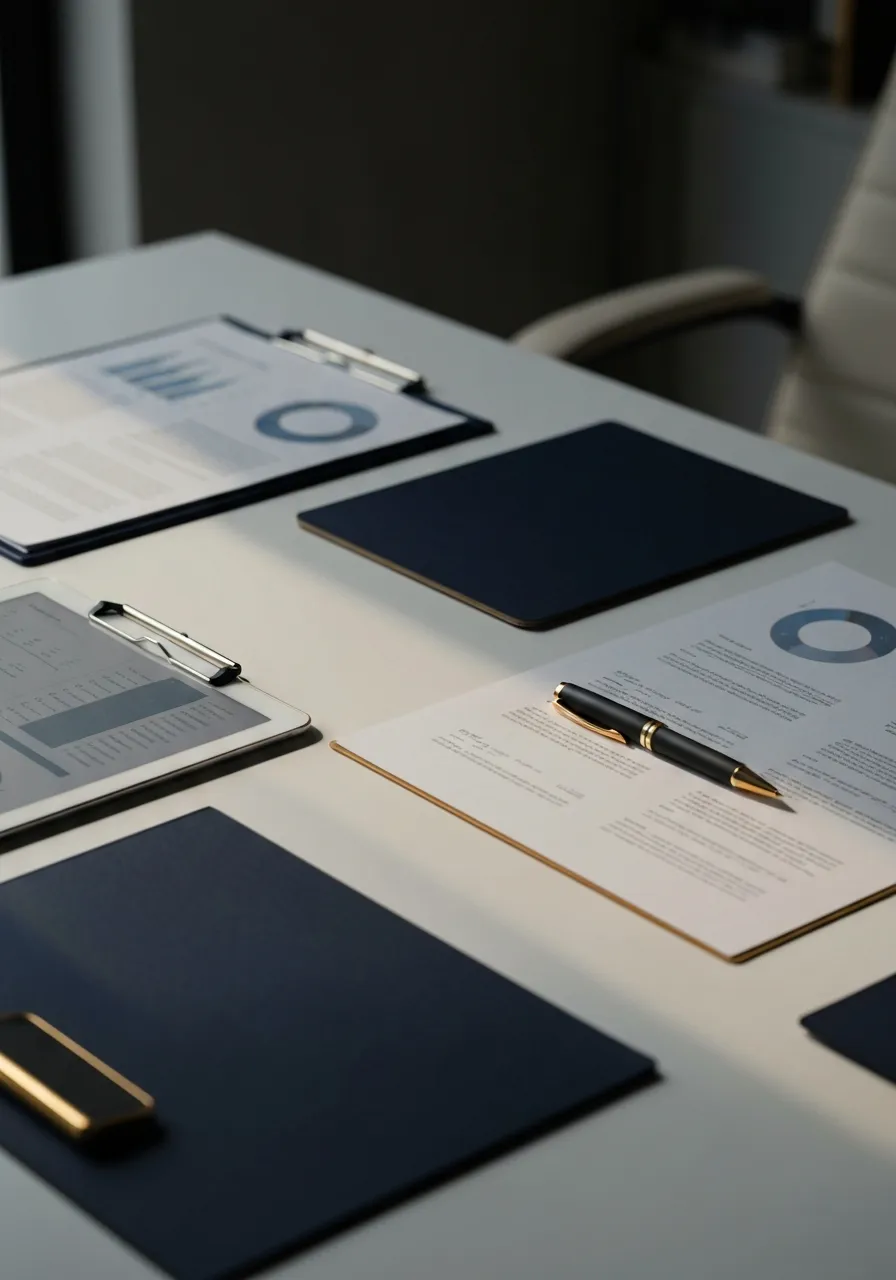 A professional image of a clean, organized desk with documents and a premium pen.