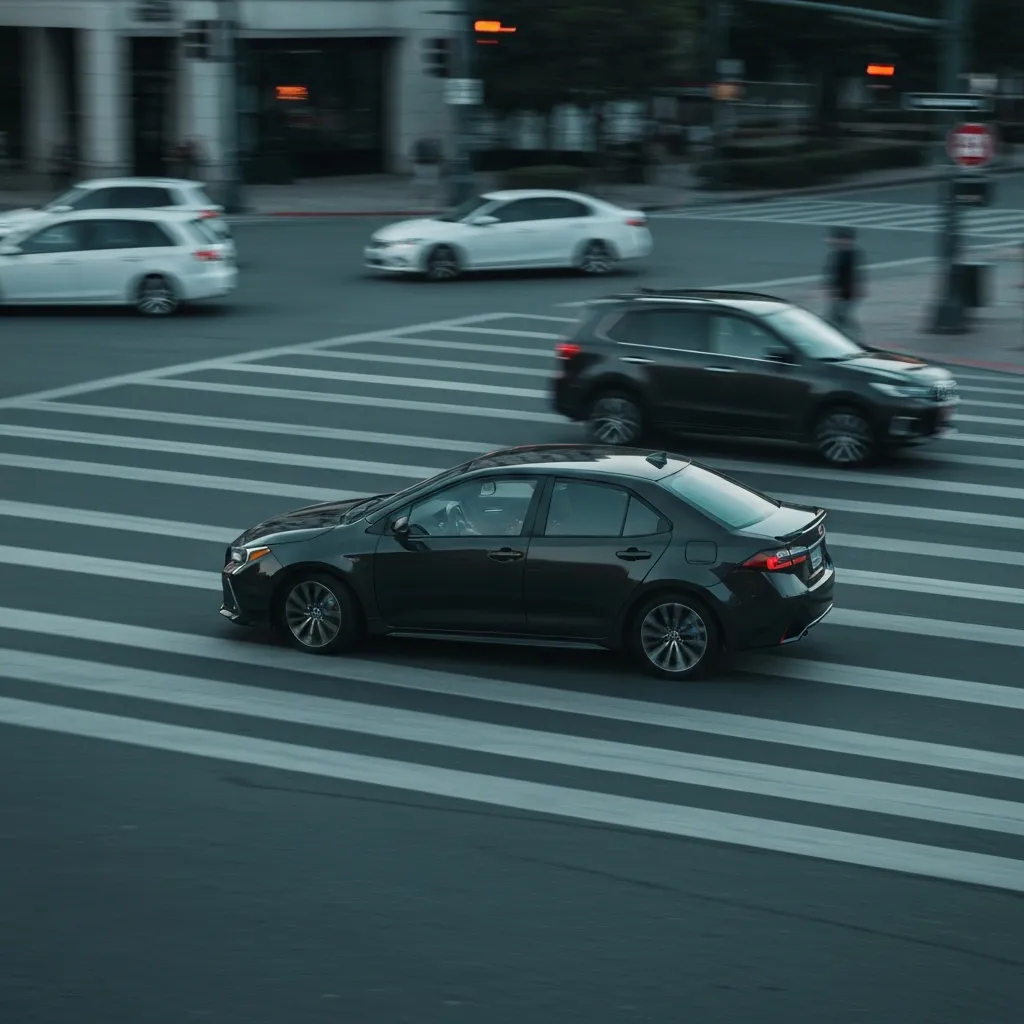 Toyota Corolla making a tight turn at a busy intersection