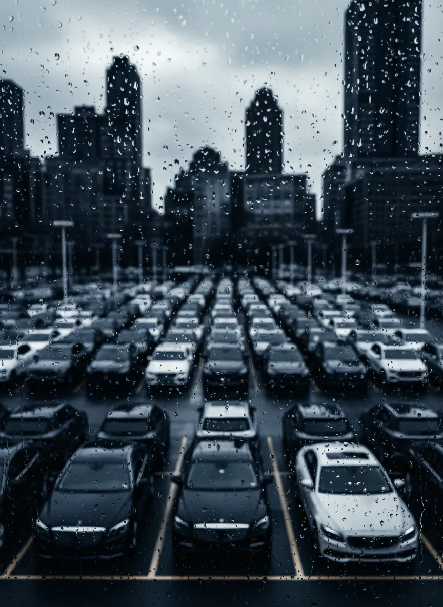 Desaturated high contrast photography of a crowded dealership lot in NYC