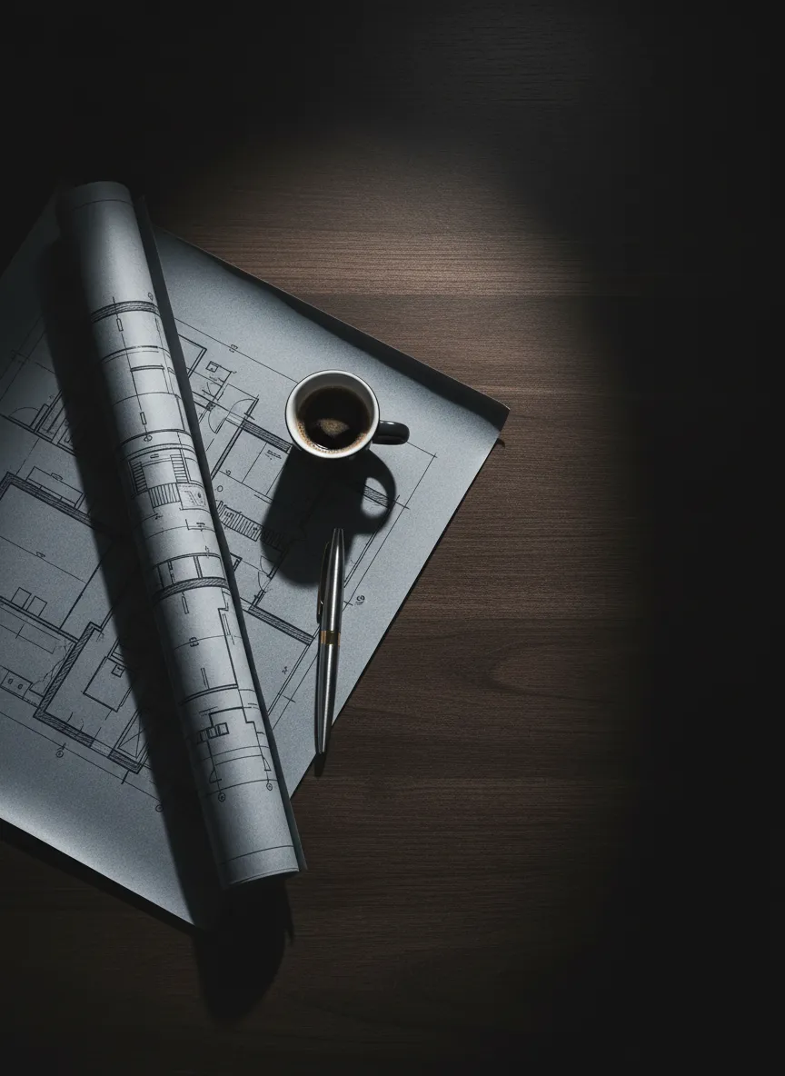 Desaturated high contrast photography of a financial architect reviewing an automotive lease strategy blueprint
