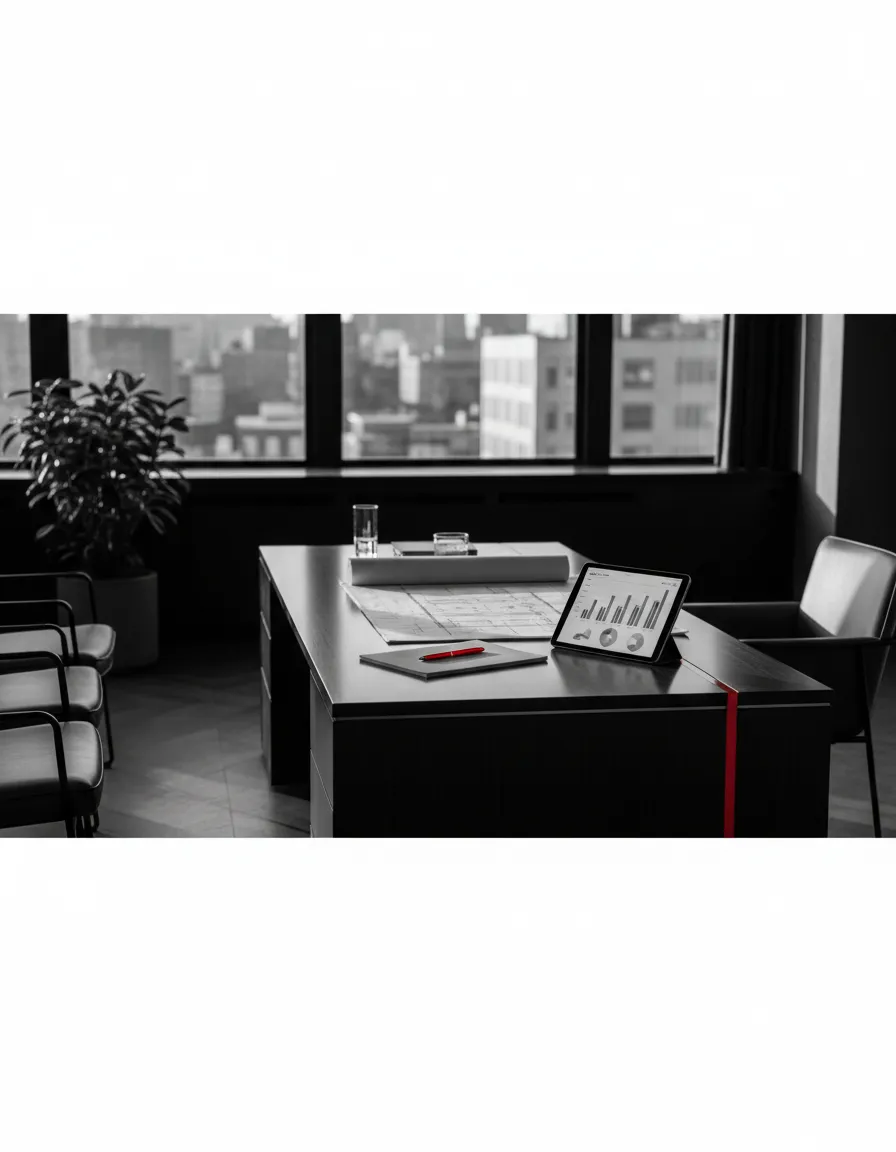 Desaturated black and white New York office environment representing strategic negotiation