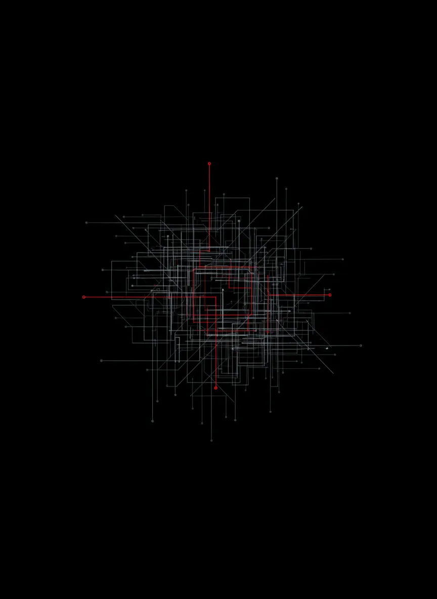 Abstract red hairline grid and structural elements representing clinical precision on a dark slate background