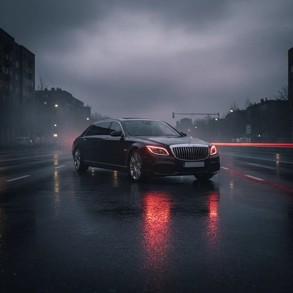 Rain-slicked luxury car navigating a dark, cinematic city street