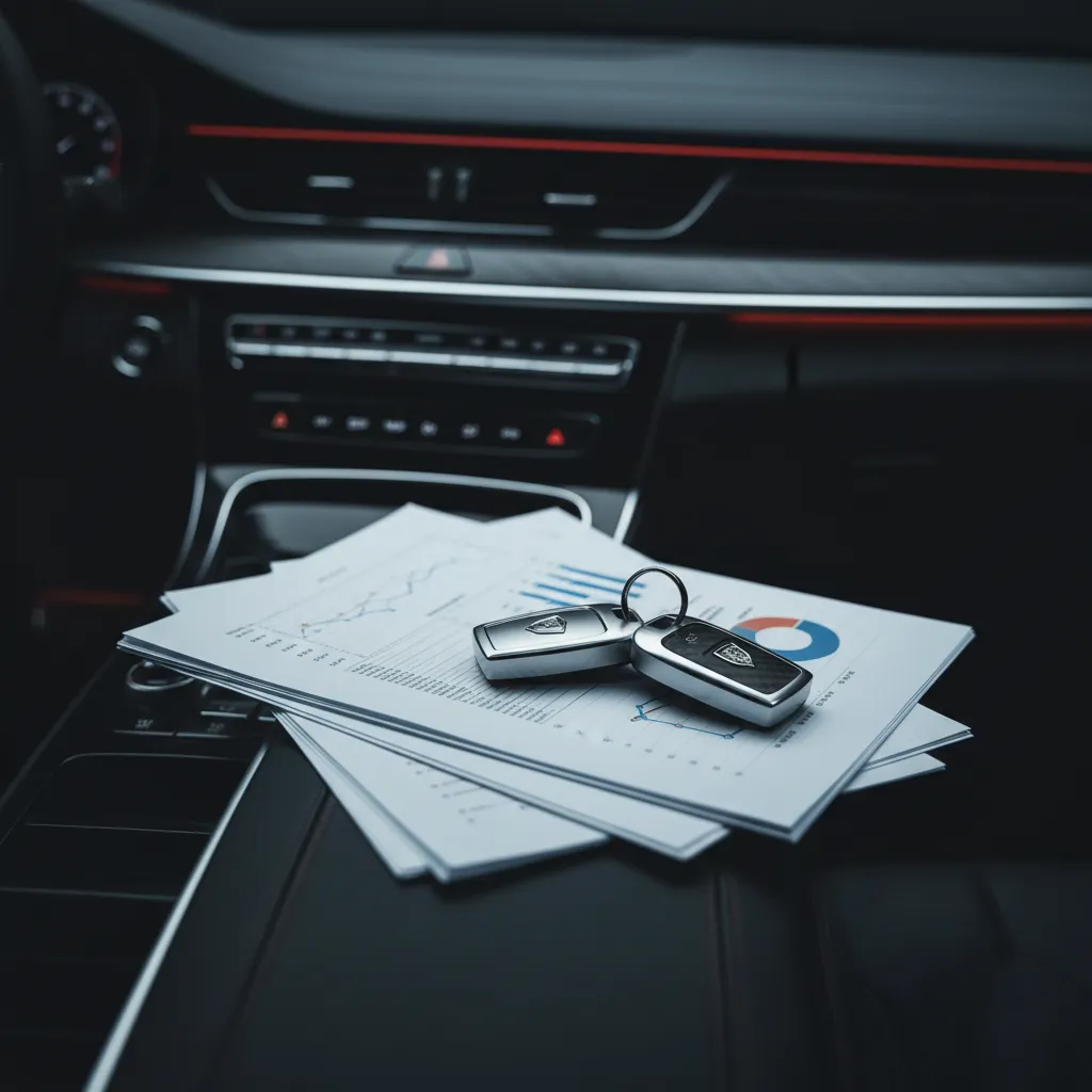Sleek financial paperwork and keys on a modern automotive dashboard