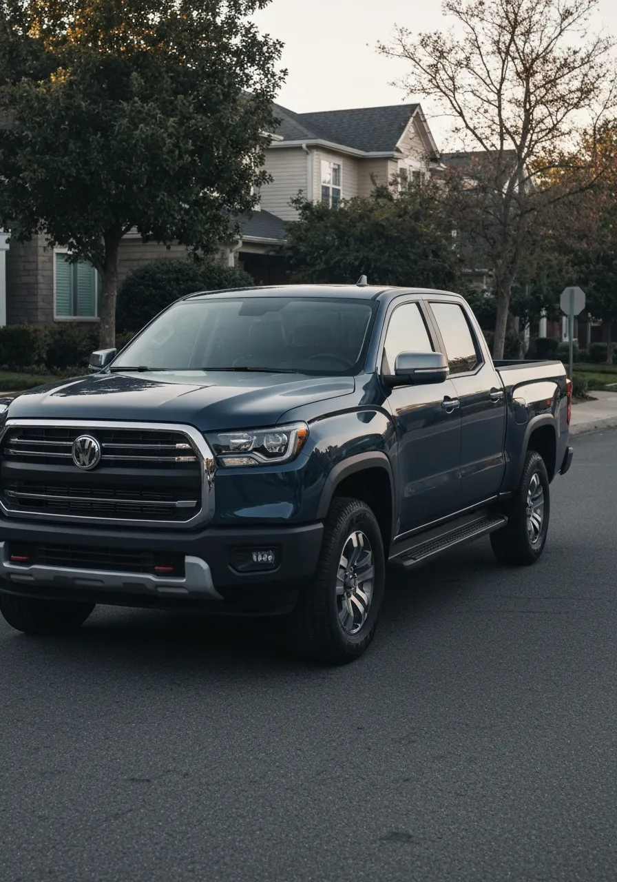 Editorial photo depicting the contrast between a midsize pickup and a dense urban environment