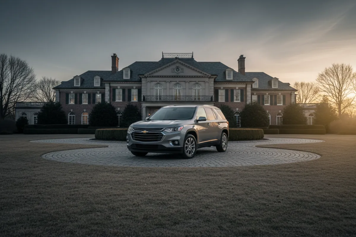 Desaturated cinematic shot of a Chevrolet Traverse outside a modern Long Island home