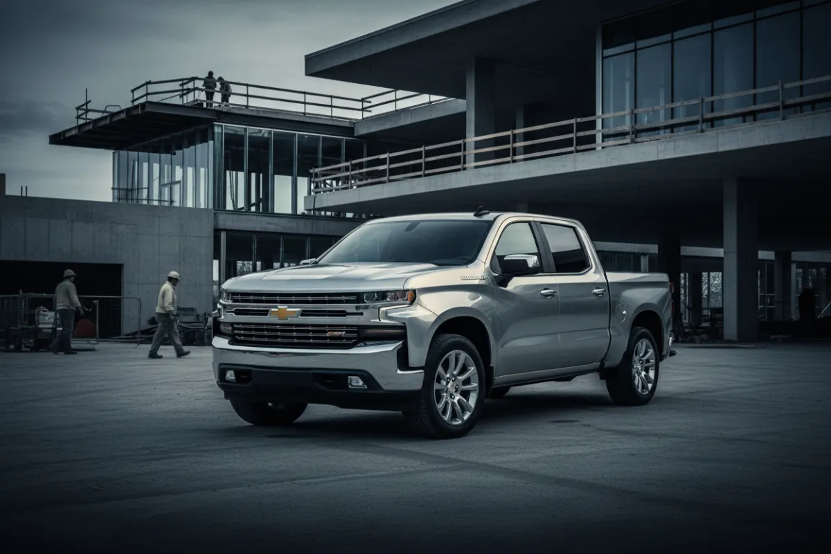 Desaturated cinematic shot of a Chevrolet Silverado in an upstate New York industrial setting