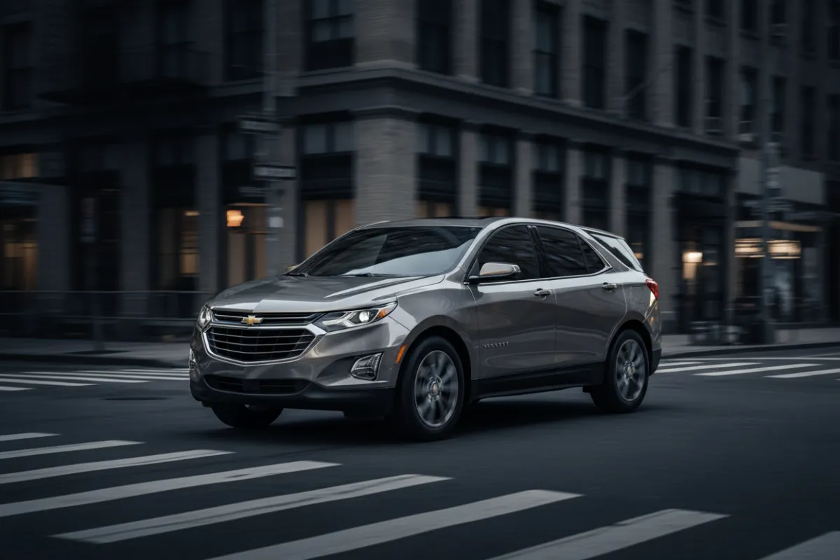 Desaturated cinematic shot of a Chevrolet Equinox parked in a modern NYC urban setting