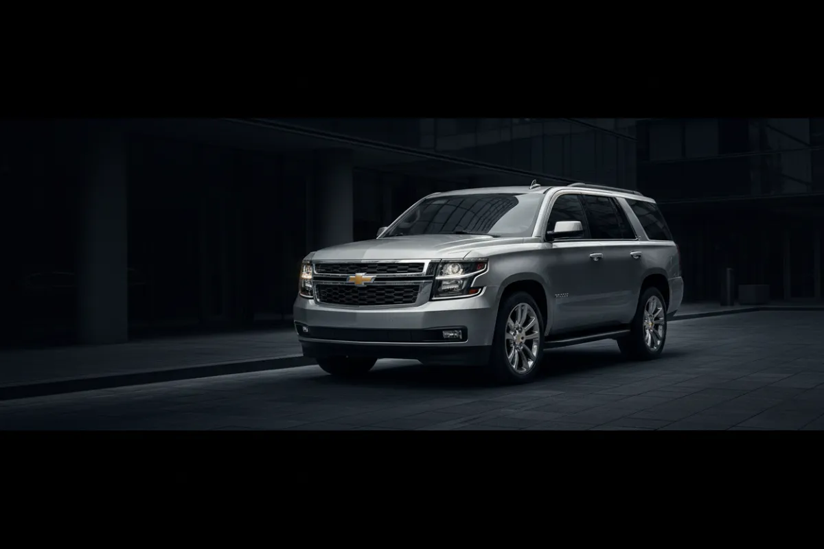 Desaturated cinematic shot of a Chevrolet Tahoe on a sleek Westchester County driveway