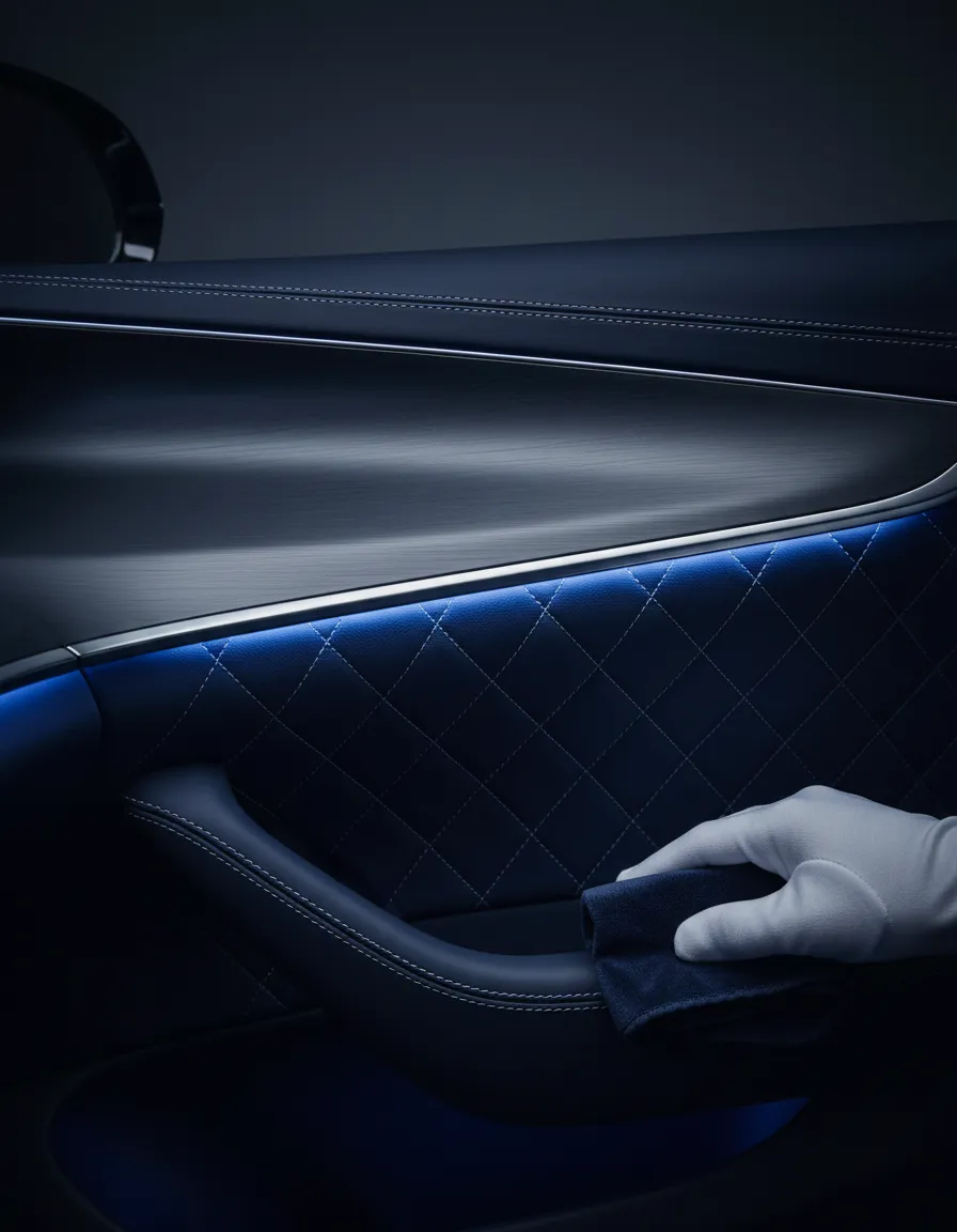 High-fashion editorial detail of luxury vehicle and concierge interaction