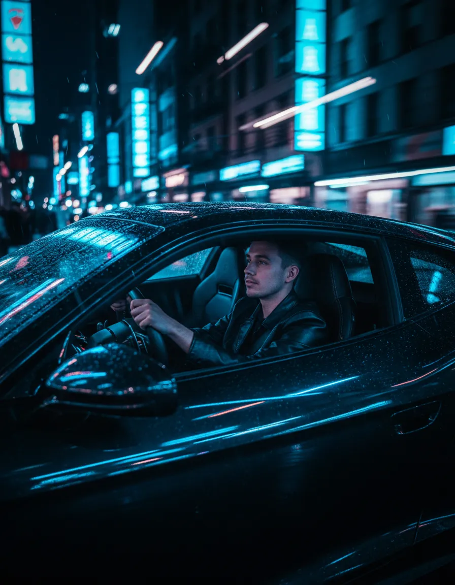 Real customer moments driving luxury vehicles in electric-blue city lighting