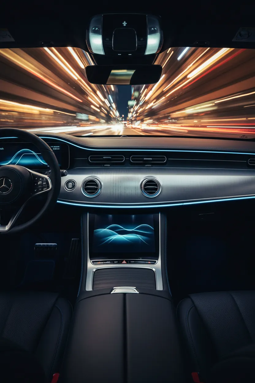 Cinematic view of a high-end luxury vehicle interior with ambient lighting