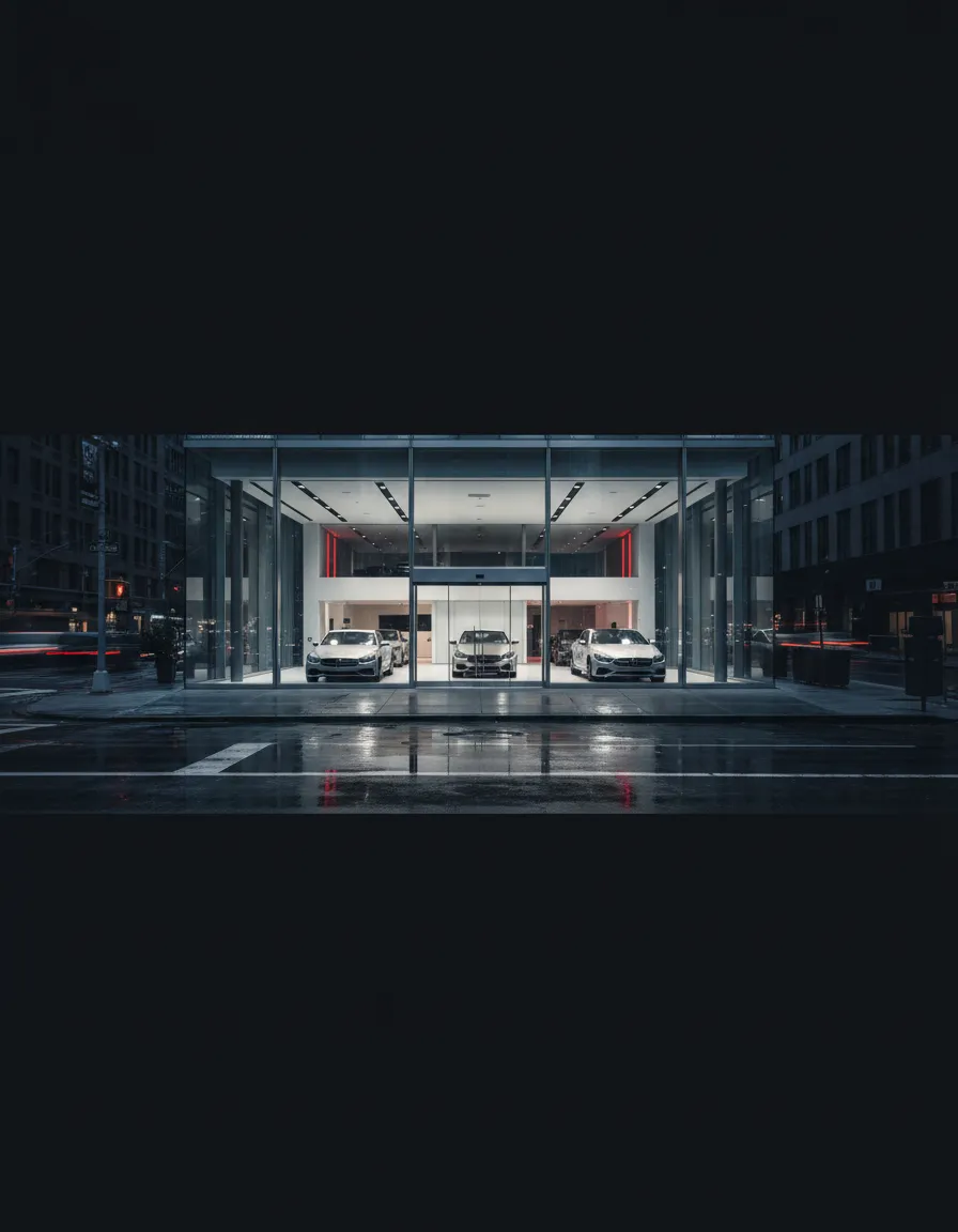 Modern dealership viewed from a distance in a cinematic dark automotive style