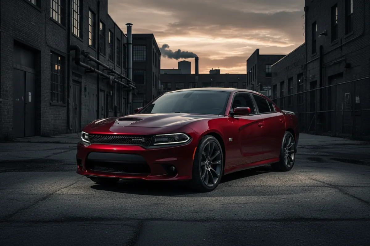 Dodge Charger driving in New York, high contrast with desaturated background