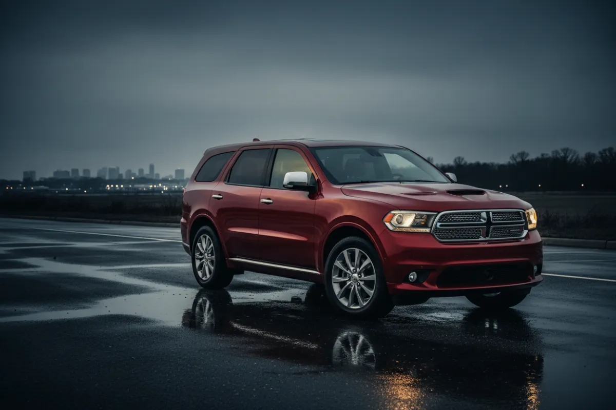 Dodge Durango SUV navigating tight NYC streets, high contrast with desaturated background
