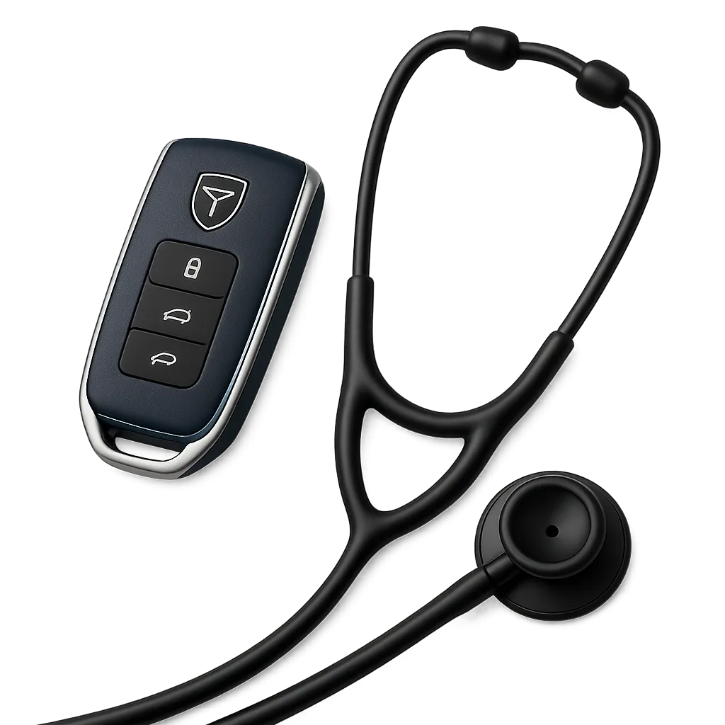 Premium vehicle key alongside a medical stethoscope, symbolizing the healthcare concierge automotive journey