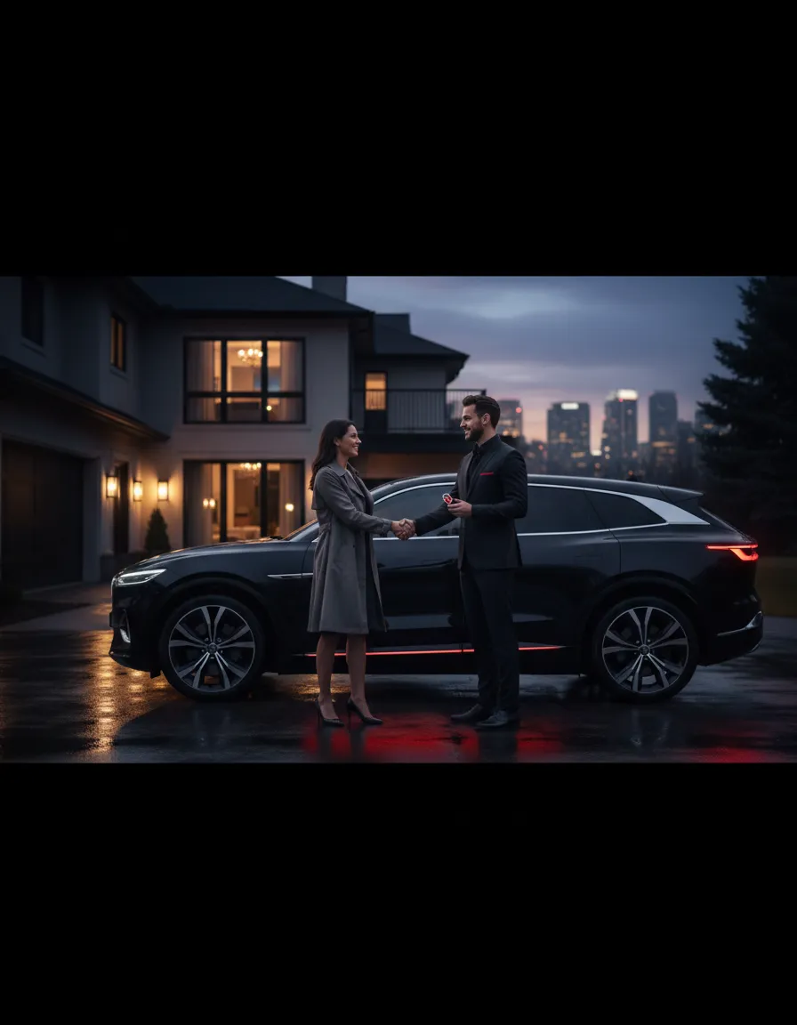 Customer receiving new vehicle at home during twilight