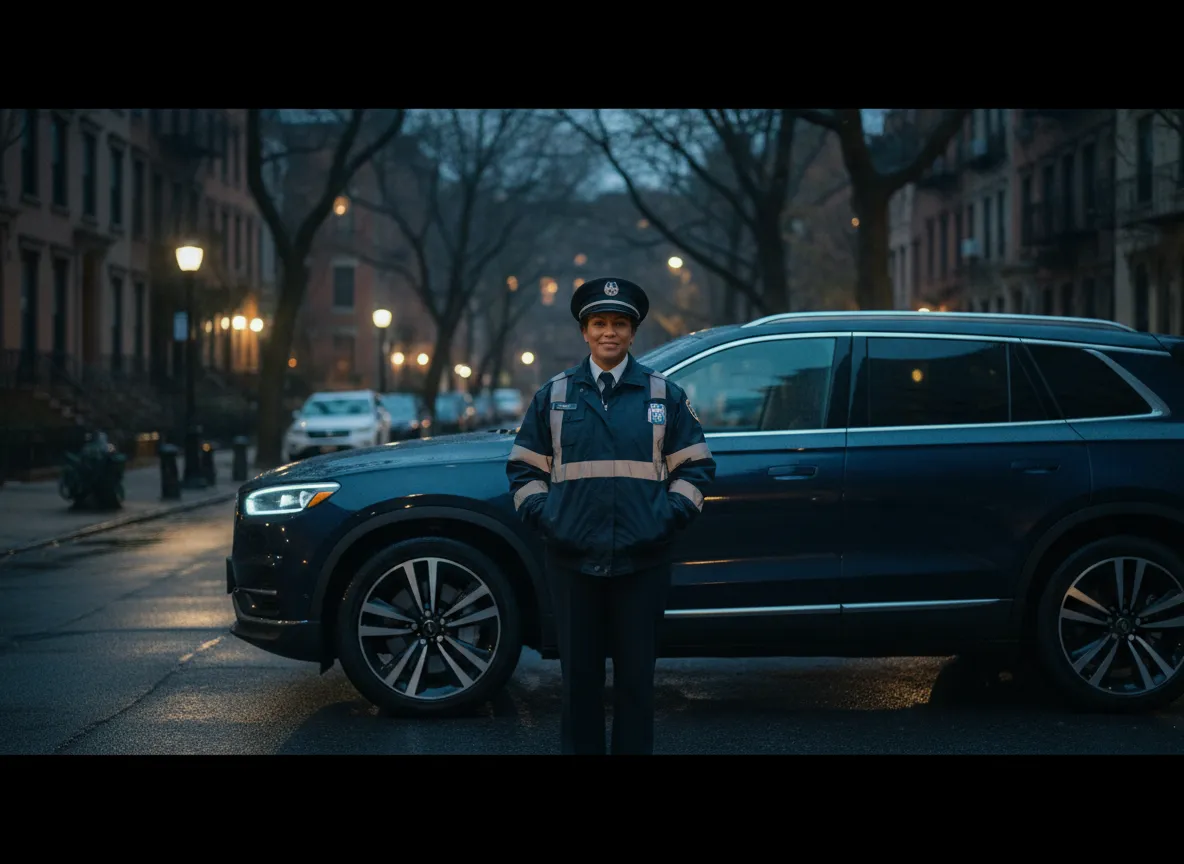 Cinematic photo of an MTA professional after shift next to a premium SUV in a quiet NYC neighborhood at night