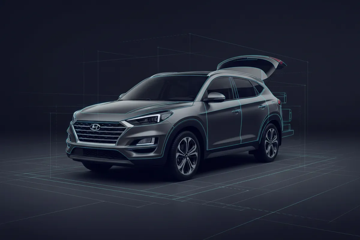 Desaturated Hyundai Tucson with blueprint architectural callouts and cyan lines