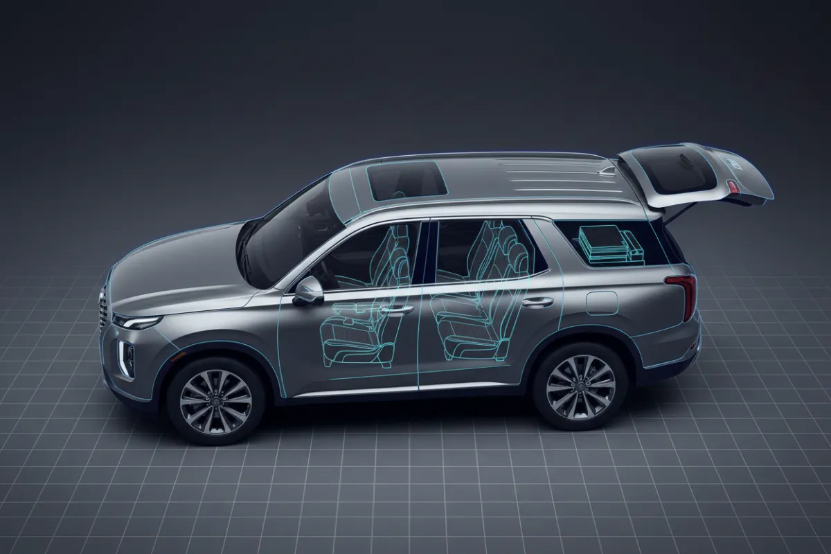 Desaturated Hyundai Palisade with technical cyan blueprint lines
