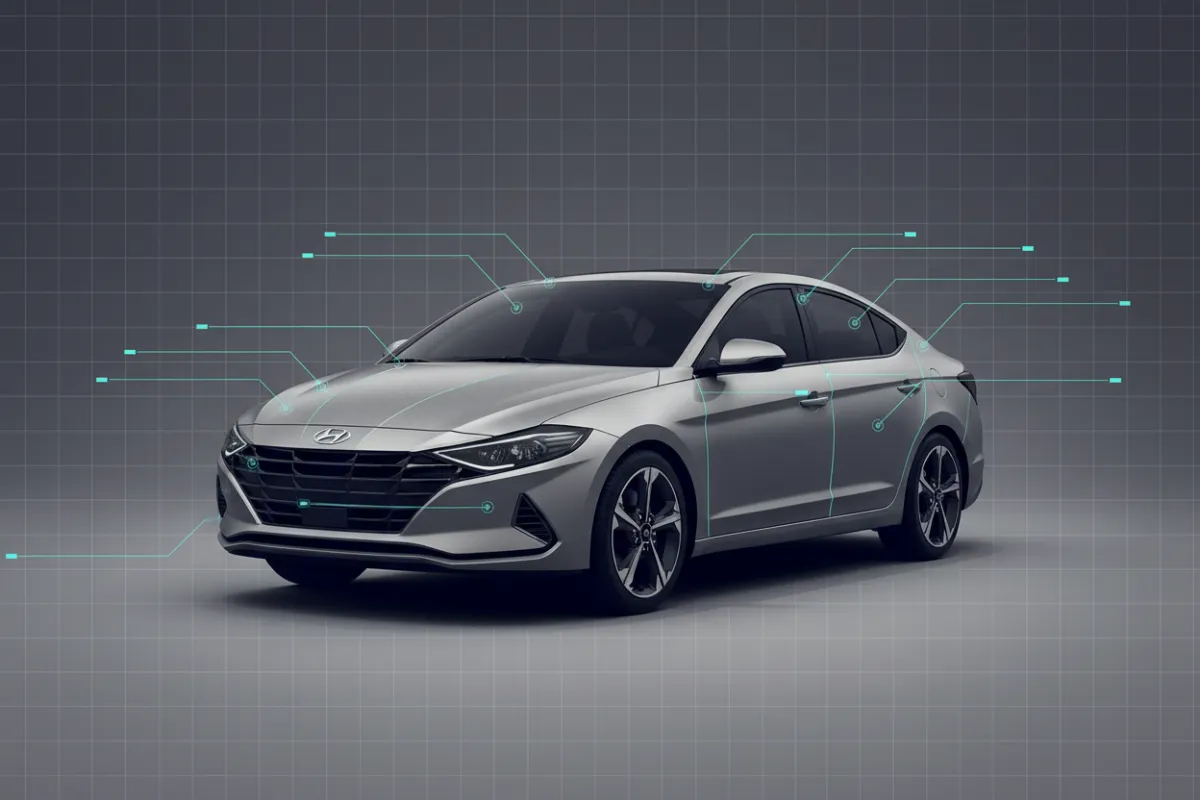 Desaturated Hyundai Elantra architectural aesthetic with technical specs overlay