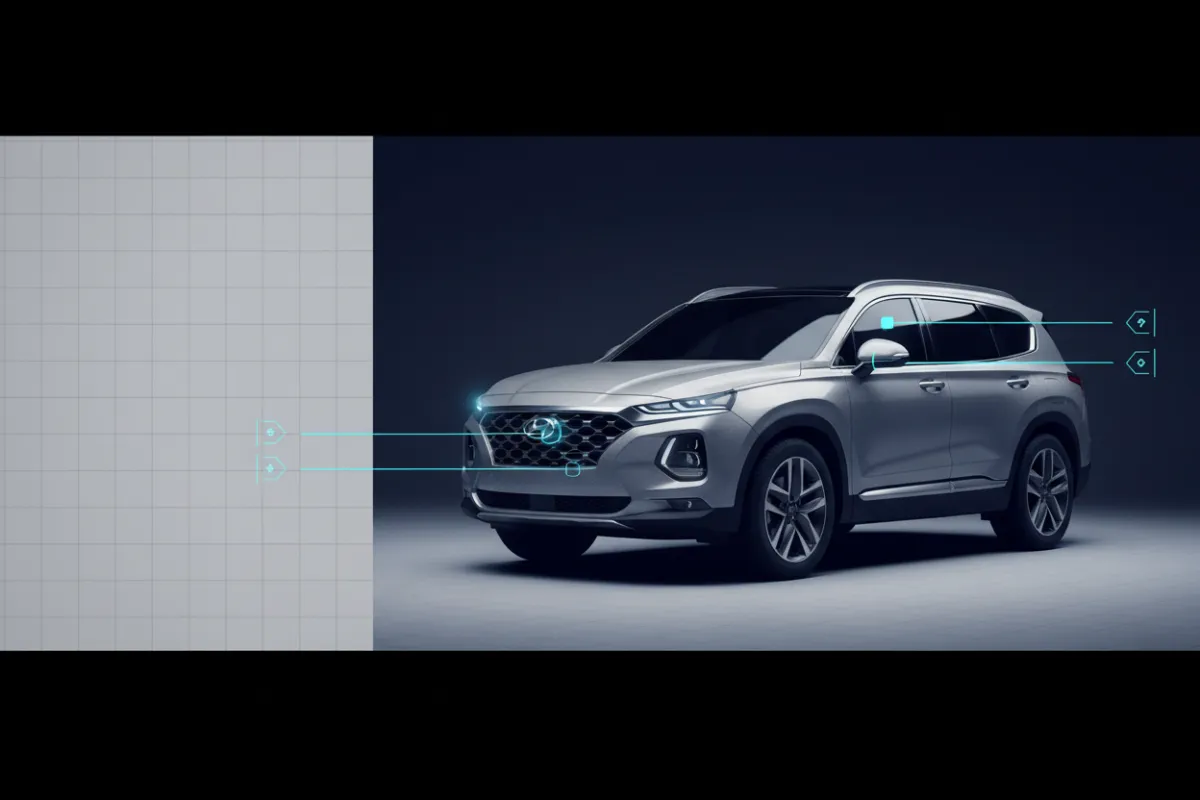 Desaturated Hyundai Santa Fe blueprint architectural style with cyan markers