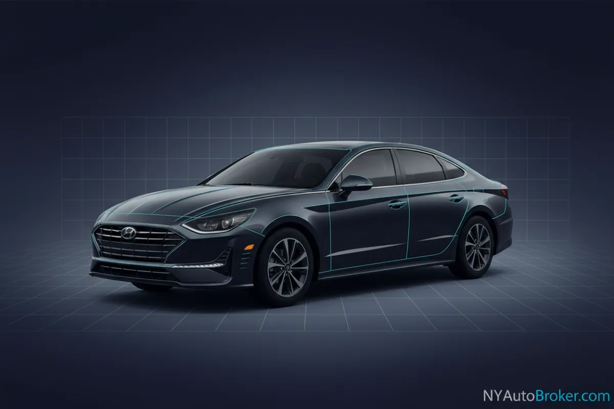 Desaturated Hyundai Sonata blueprint visualization showing sleek profile