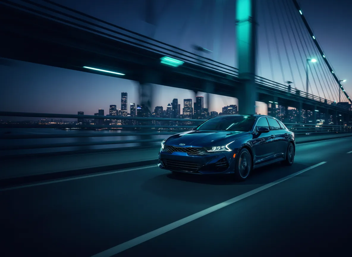 Kia K5 sedan navigating a sleek highway environment.