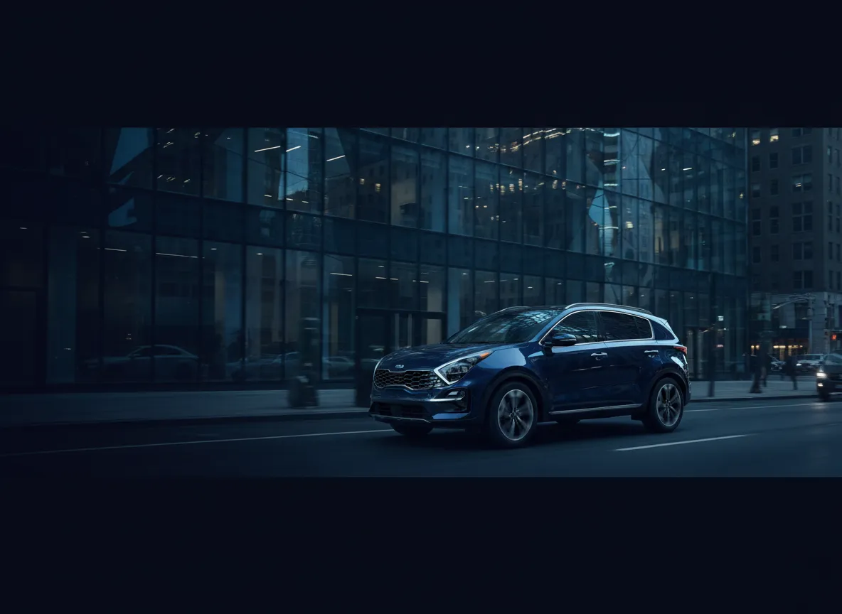 Kia Sportage parked in an urban New York setting with modern architecture in the background.
