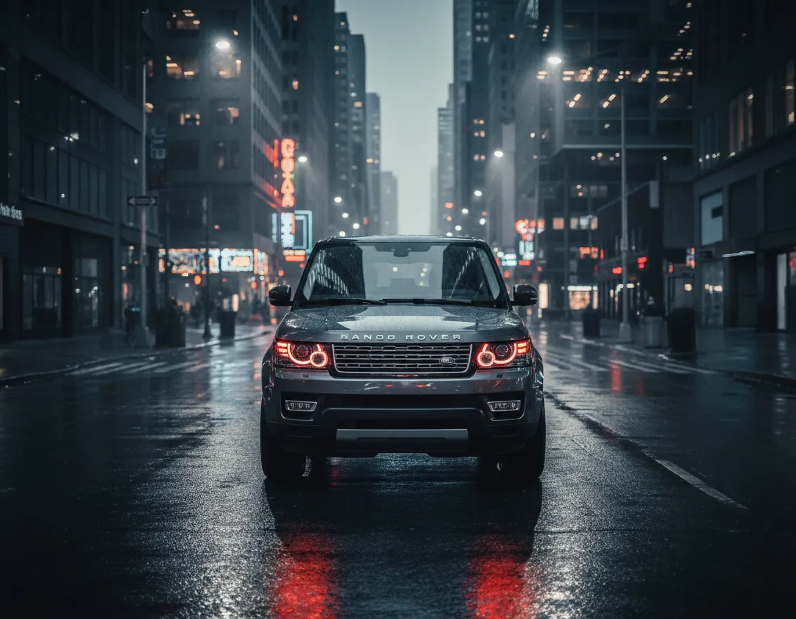 Cinematic photography of a Land Rover dominating wet city streets with all-weather capability