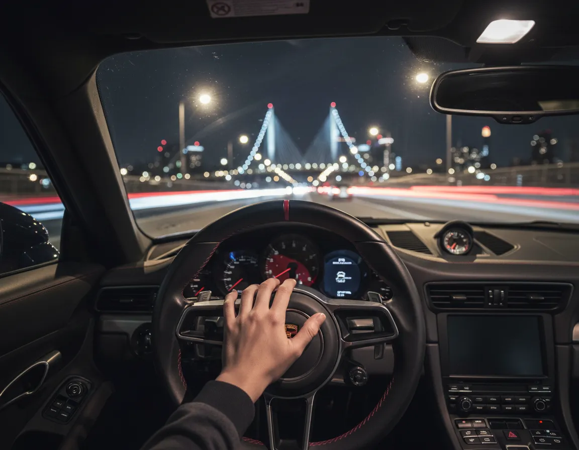 Cinematic midnight view of a Porsche commanding Queens streets, emphasizing liquidity and experience