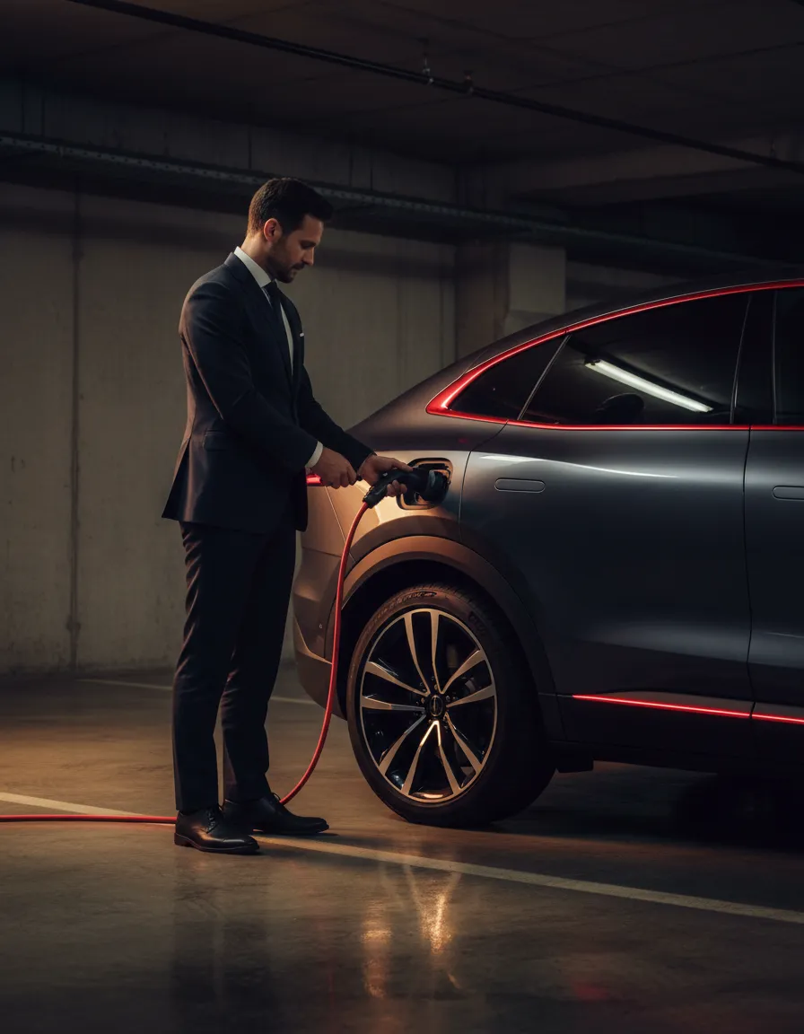 Modern NYC driver next to premium electric vehicle