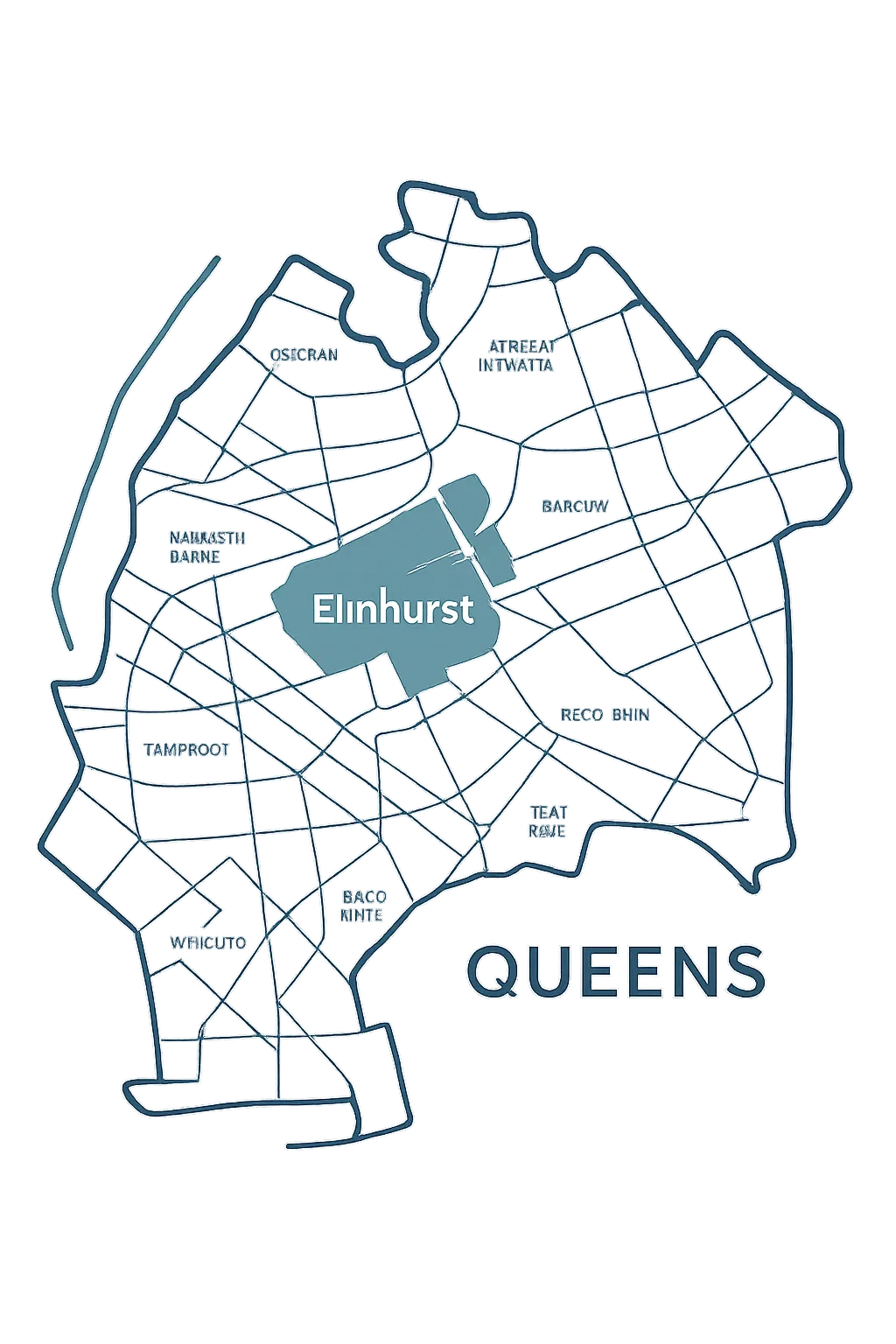 Stylized map highlighting Elmhurst and Queens service areas for auto broker services