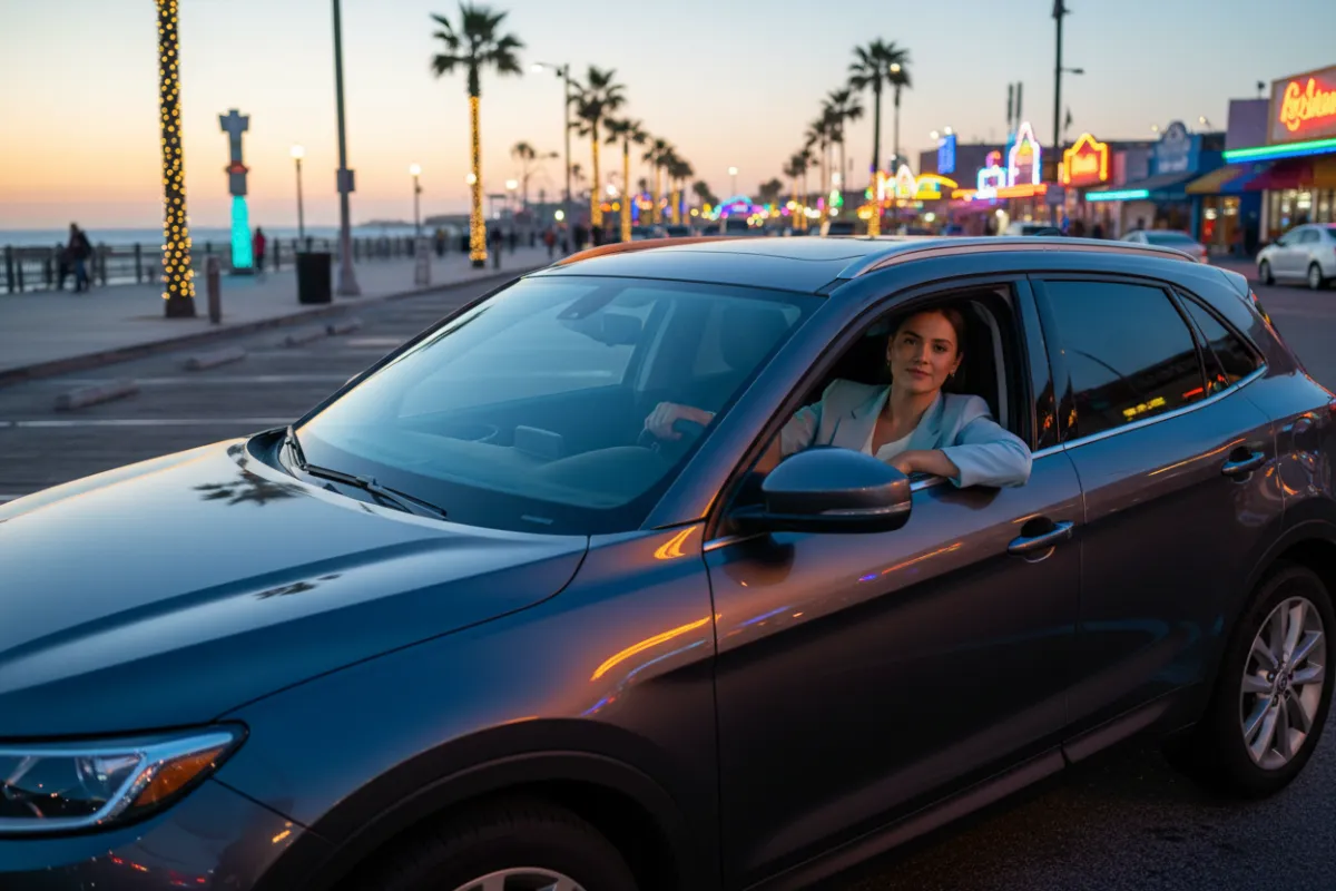 Cinematic Jersey Shore vehicle at sunset