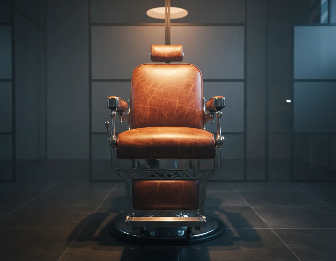 Cinematic Brooklyn barbershop interior with warm amber lighting