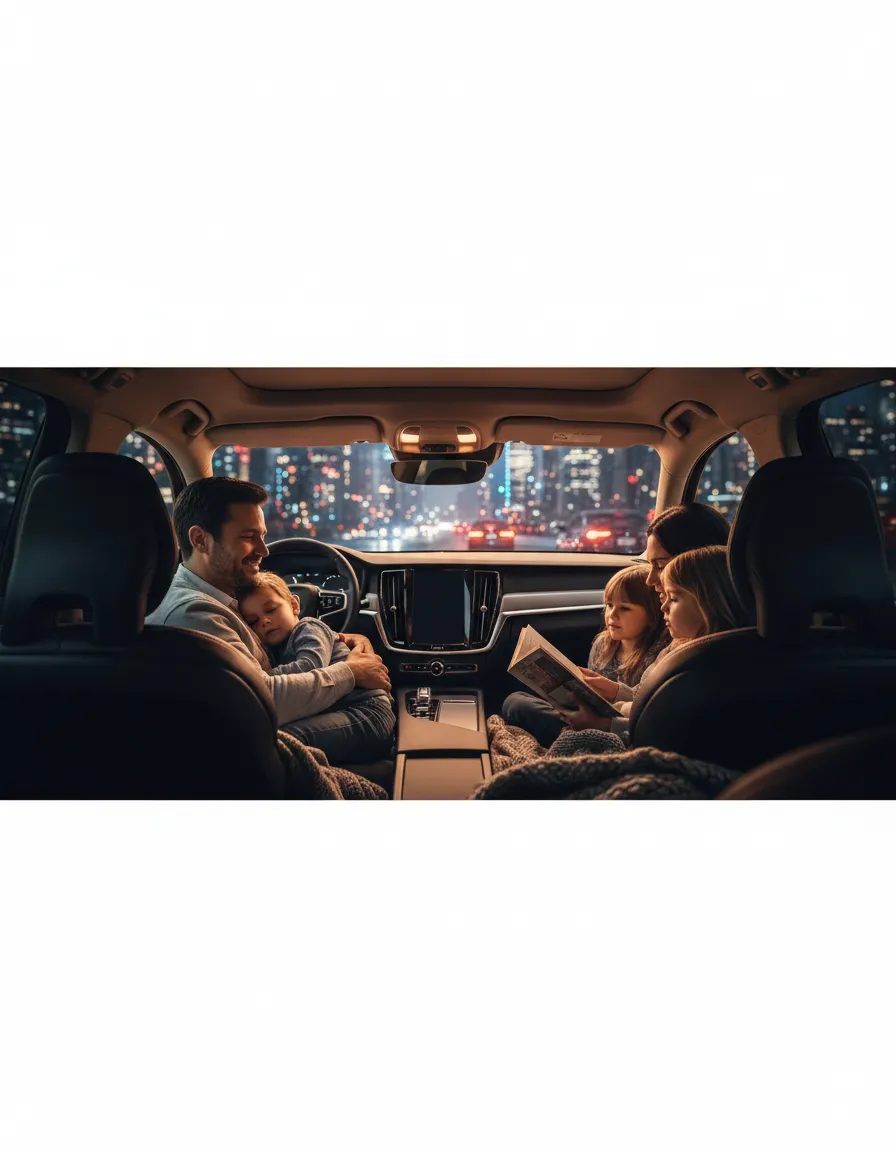 Volvo interior showing family comfort in New York traffic