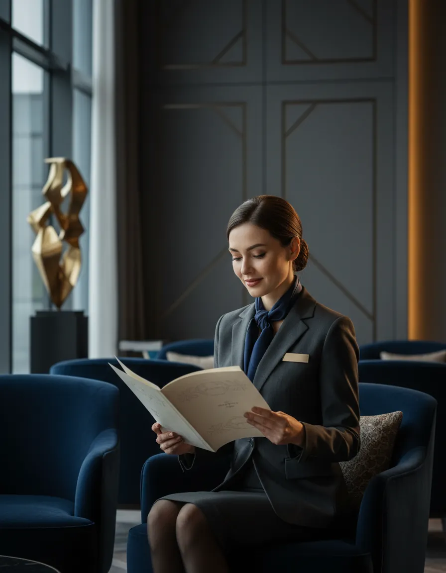 A cinematic, polished concierge interacting in a serene, modern NYC environment