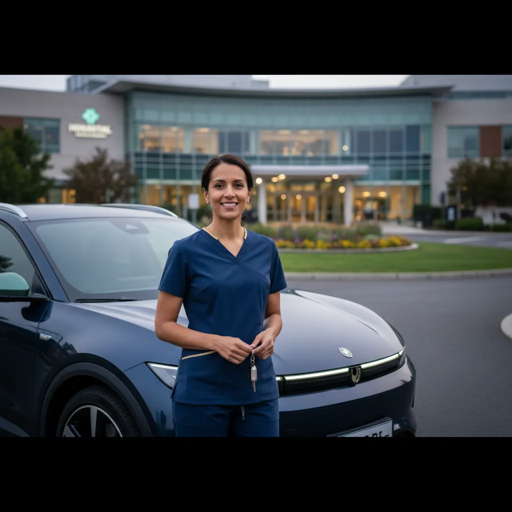 A calm, peaceful moment for a healthcare professional outside the hospital, reflecting zero pressure