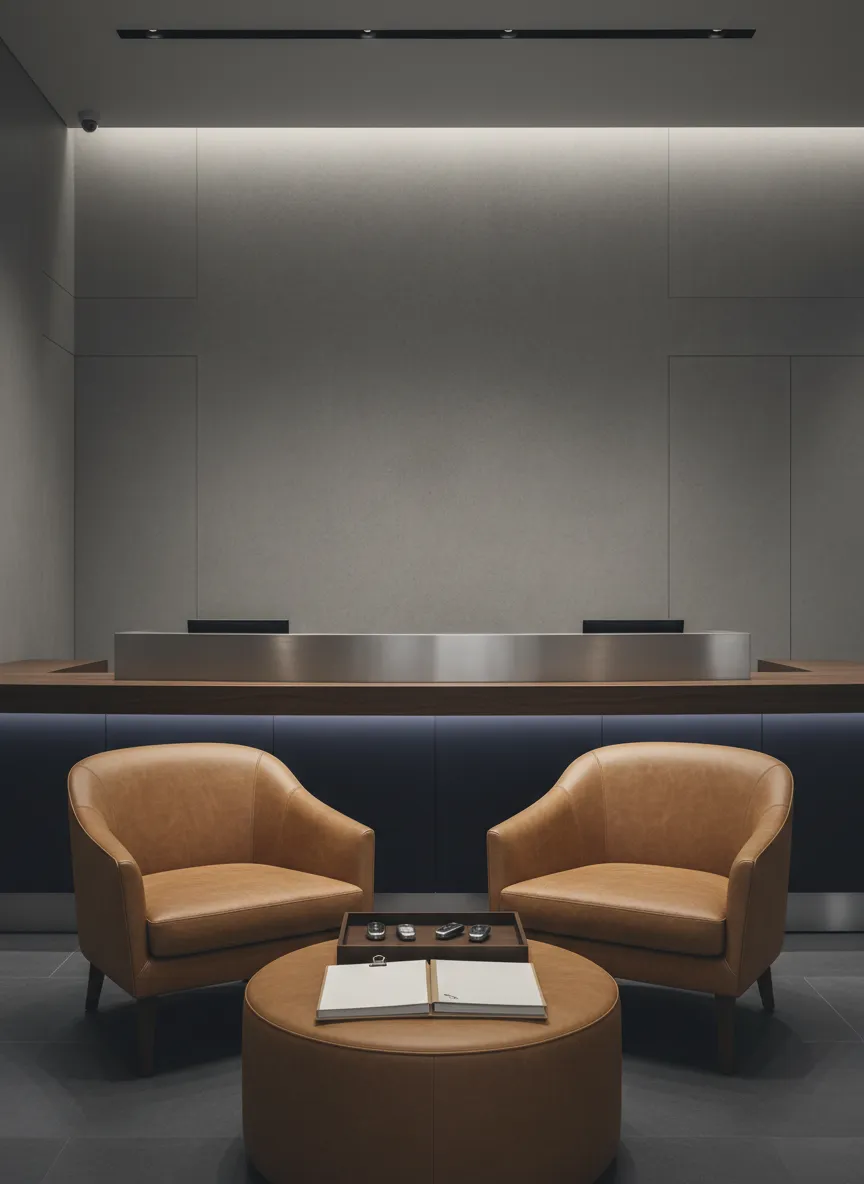 Desaturated architectural interior with leather texture, representing concierge auto broker service