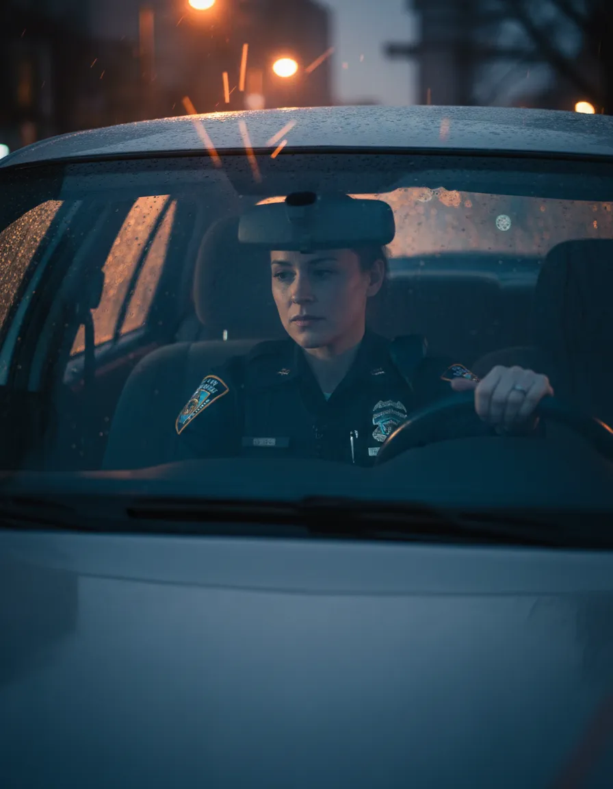 Cinematic portrait of NYPD officer taking a quiet moment in a cruiser