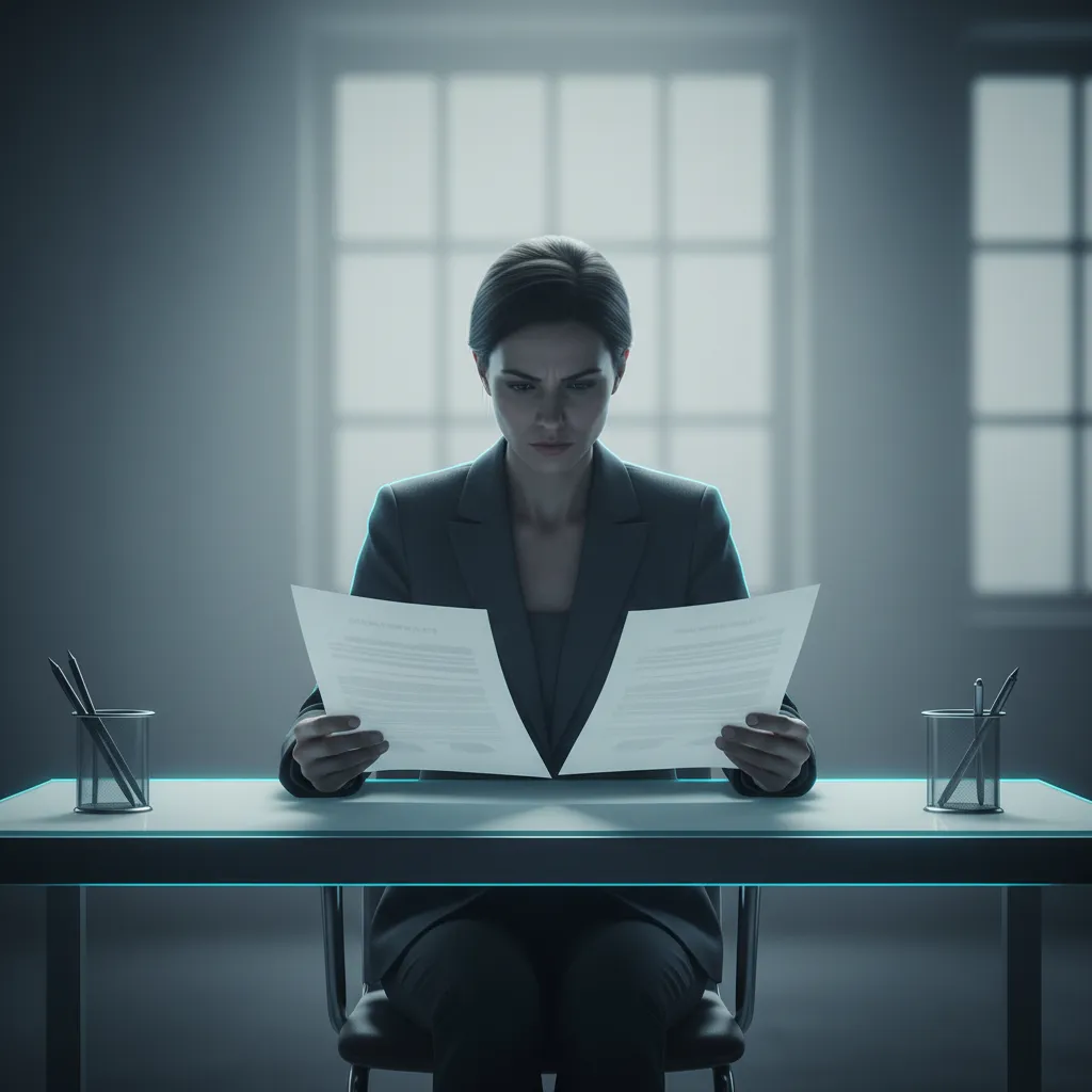 Desaturated, blue-tinted lifestyle photography of a professional reviewing transparent documents