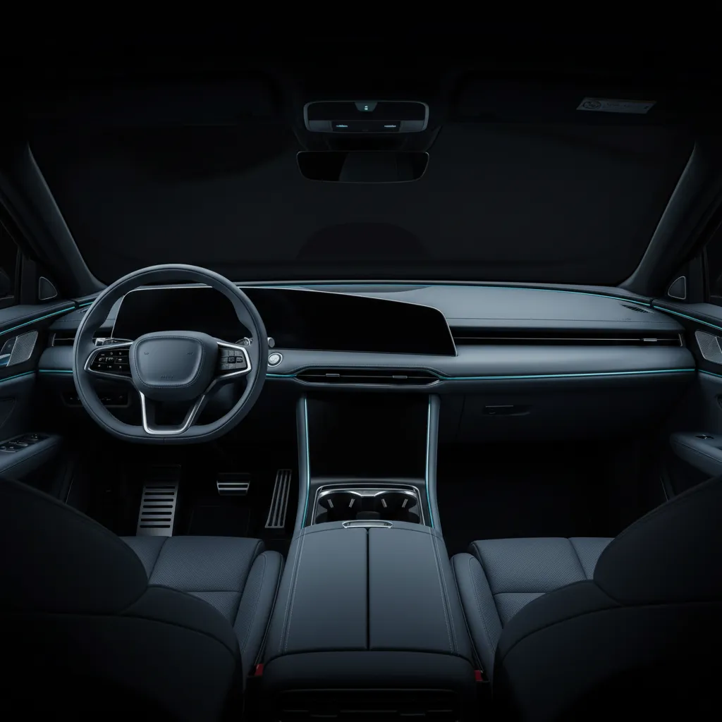 Desaturated, blue-tinted photography showing a premium new vehicle interior