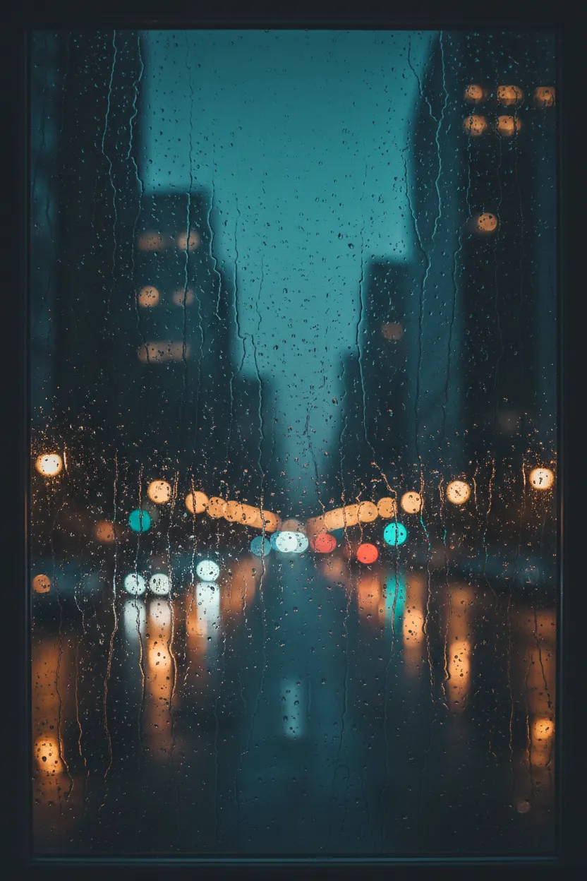 Soft cinematic amber and teal bokeh reflections depicting calm NYC nights