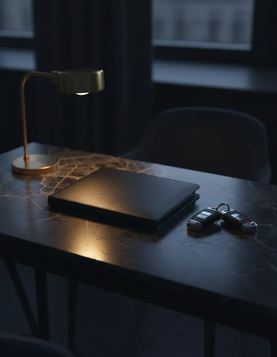 Elegant leather folio and keys on a dark marble desk representing organized concierge preparation