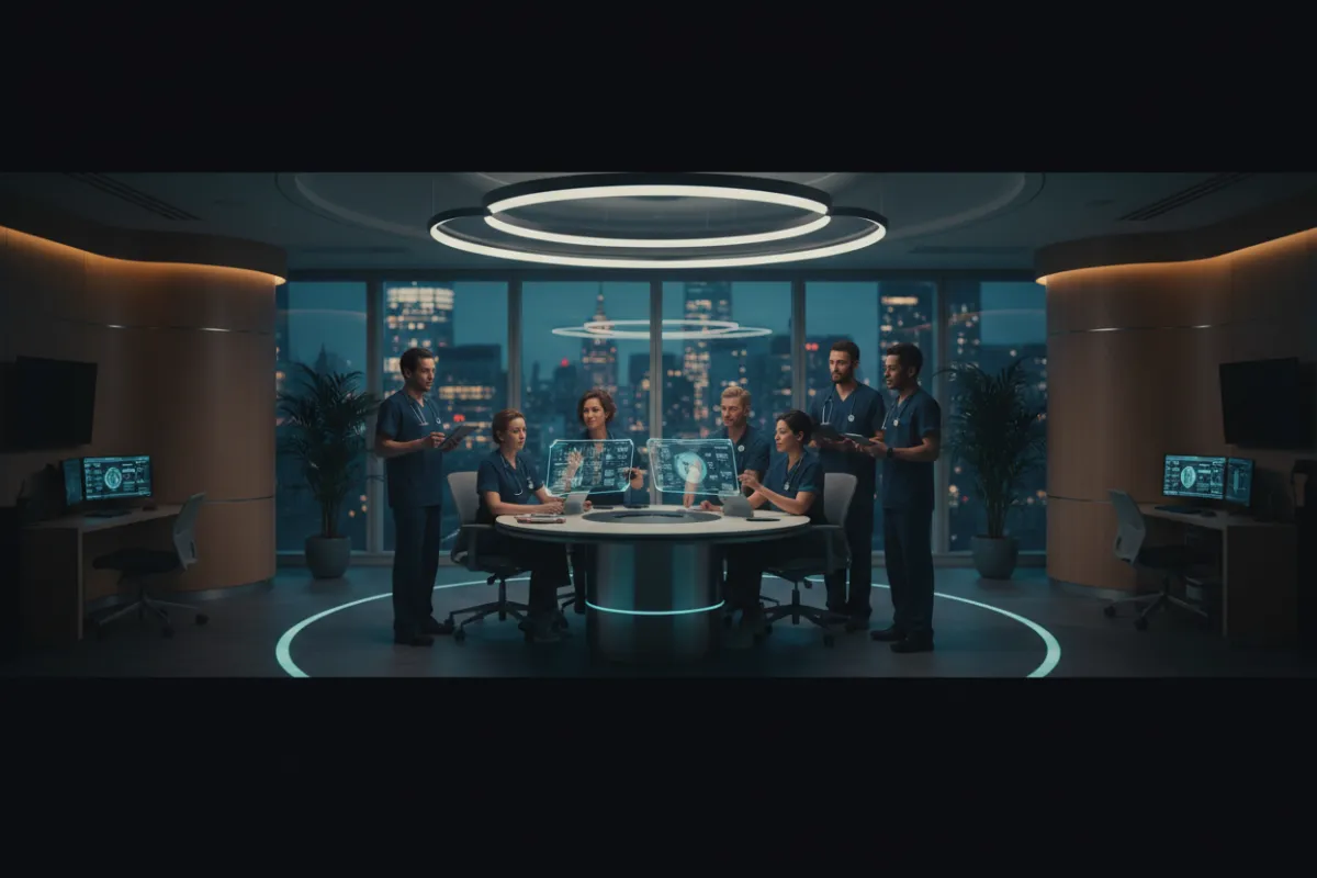 Cinematic shot of hospital staff coordinating